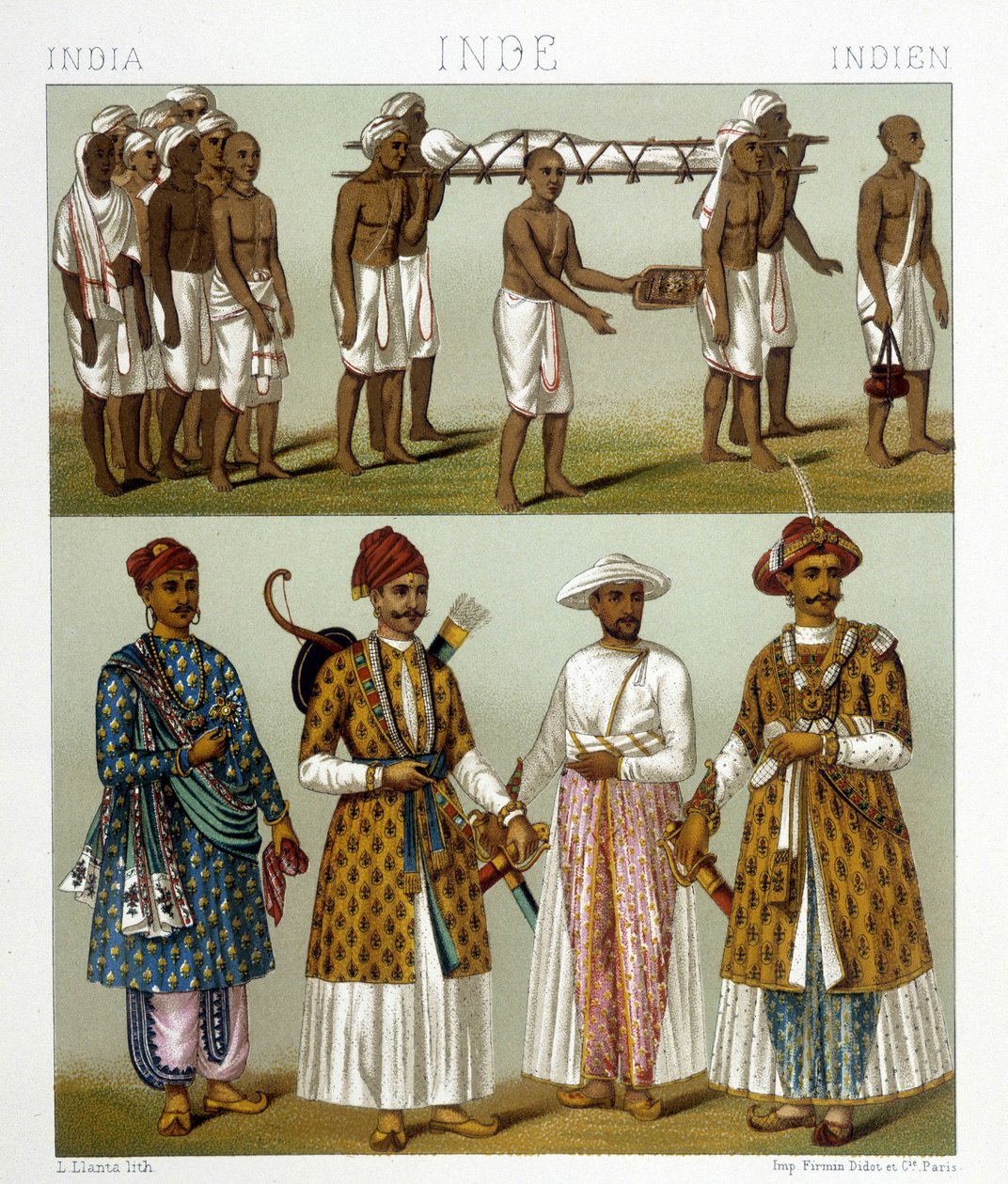 Hindistan'da cenaze (resmin üst kısmı) ve tüccarlar (resmin alt kısmı). Racinet'in "" Le kostüm tarihi "de çizimi by Albert Charles August Racinet