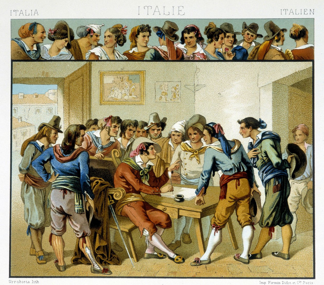 19. yüzyılın popüler Roma kostümlerinde temsil edilen bir yazarın etrafındaki İtalyanlar grubu. Kromolitografik plaka - Racinet tarafından “” Le kostüm tarihi”nde by Albert Charles August Racinet