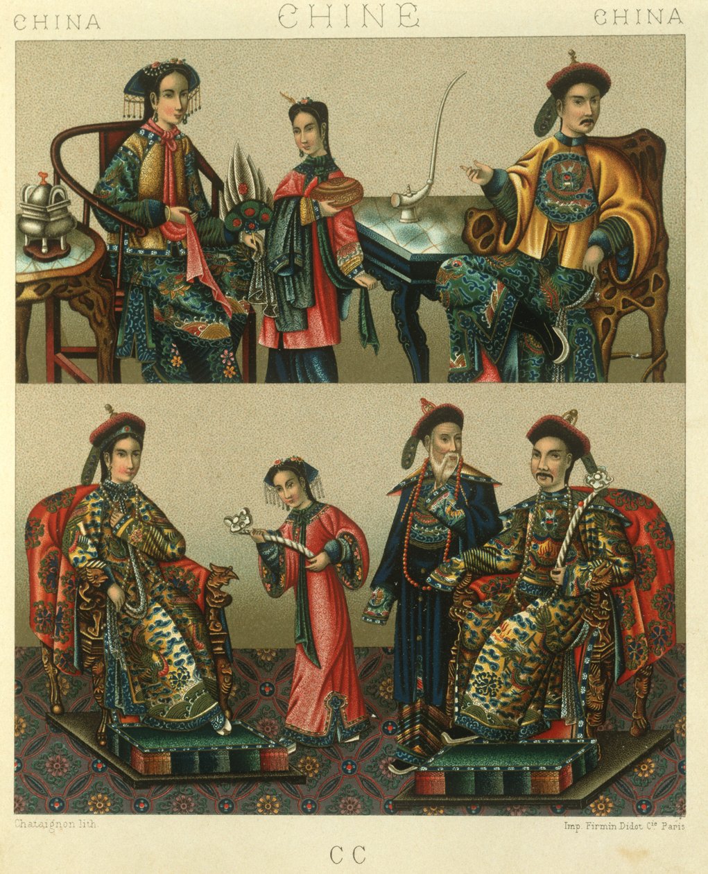 Çene İmparatorluk ailesinin çizimi; Çin by Albert Charles August Racinet