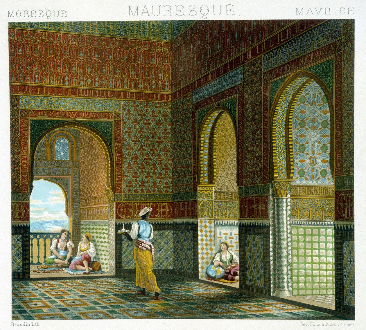 Bir Mağribi evinin içi (Alhambra, Blessing odası). Kromolitografik plaka - Racinet tarafından “” Le kostüm tarihi”nde by Albert Charles August Racinet