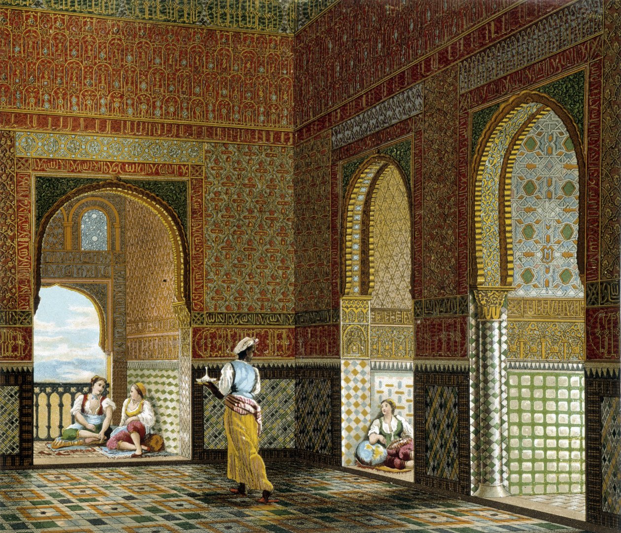 Bir Mağribi evinin içi (Alhambra, Blessing odası). Kromolitografik plaka - Racinet tarafından “” Le kostüm tarihi”nde by Albert Charles August Racinet