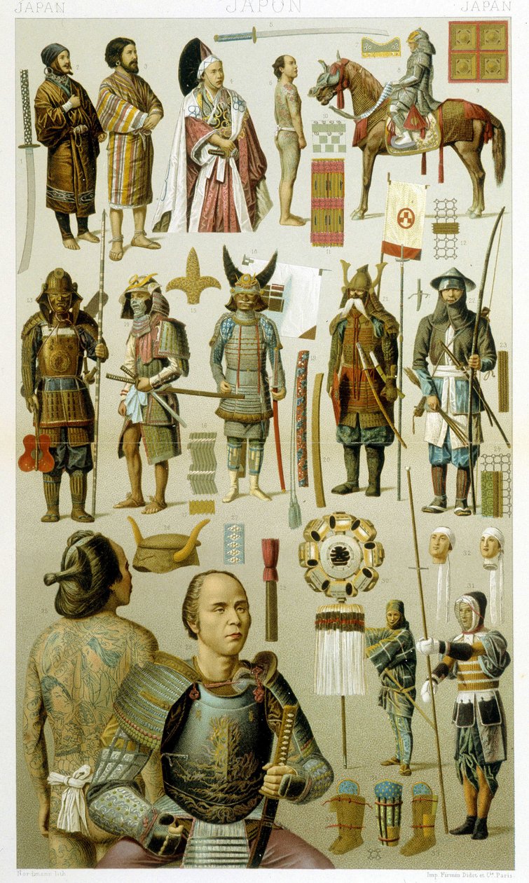 Japon savaşçı kostümleri (samoura veya yakuza veya yakuza). Kromolitografik plaka - Racinet tarafından “” Le kostüm tarihi”nde by Albert Charles August Racinet