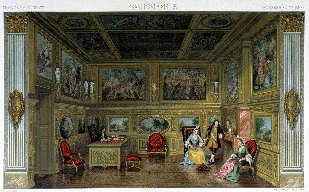 18. yüzyıldan kalma zengin bir evde erkekler ve kadınlar. Racinet tarafından "" Le kostüm tarihi" "de illüstrasyon by Albert Charles August Racinet