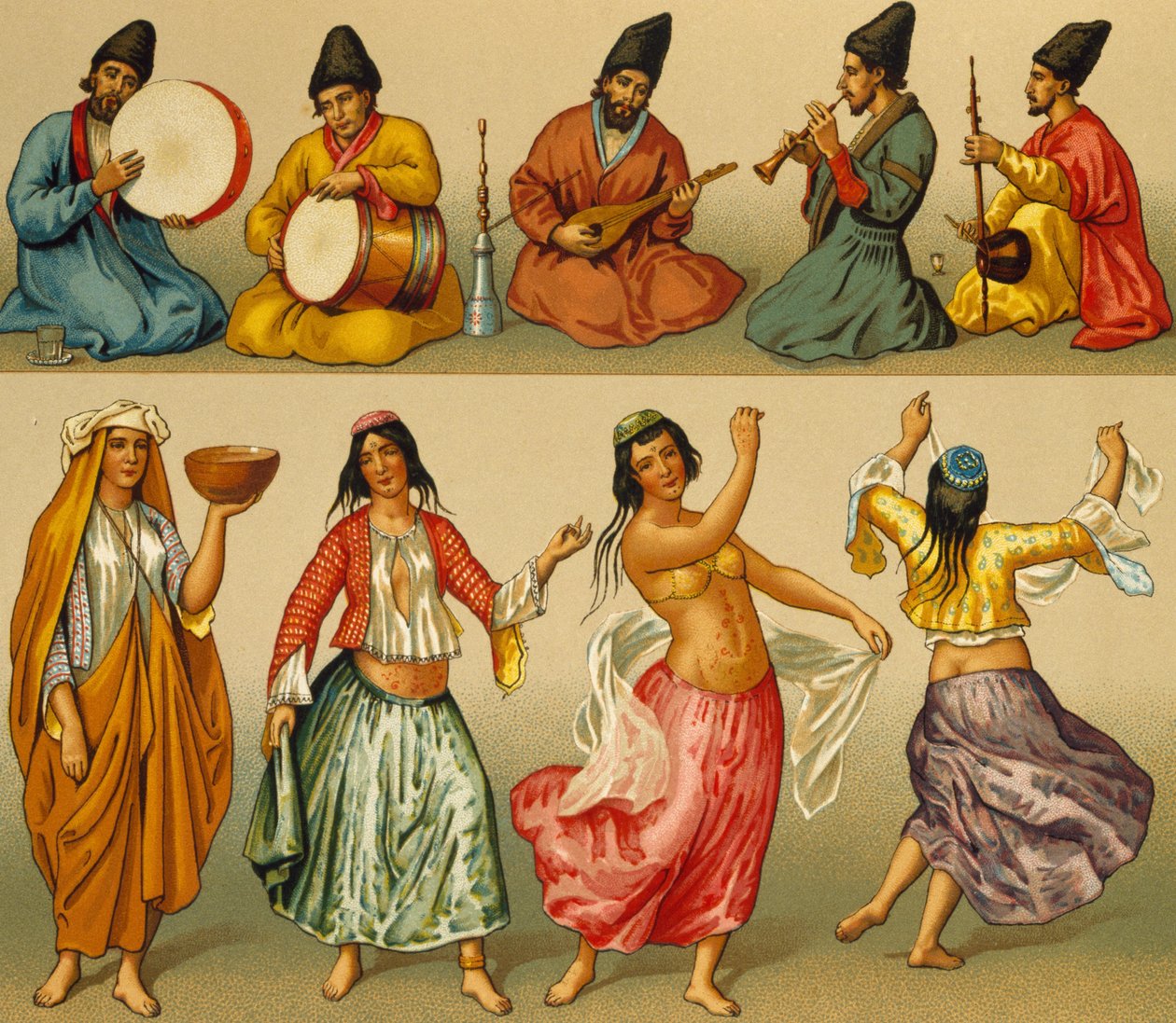 İranlı müzisyenler ve dansçılar, Dambourget tarafından litografi, Le Costume historique