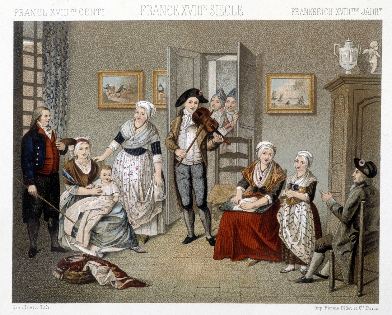 Müzisyenler bir evin içinde bir aile için izinsiz girişlerini çalıyorlar. Racinet tarafından "" Le kostüm tarihi" "de illüstrasyon by Albert Charles August Racinet