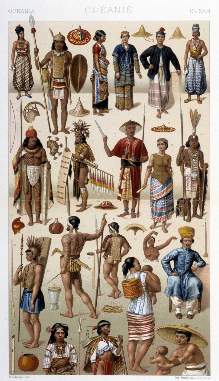Malezya ve Polinezya (Okyanusya) Halkı. Racinet tarafından "" Le kostüm tarihi" "de illüstrasyon by Albert Charles August Racinet