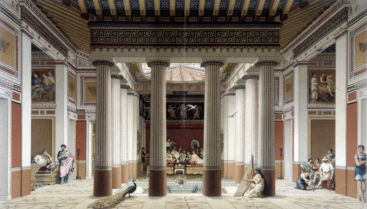 Yunan antik döneminde bir evin atriyumu - Racinet tarafından “” Tarihsel kostüm” ”de by Albert Charles August Racinet