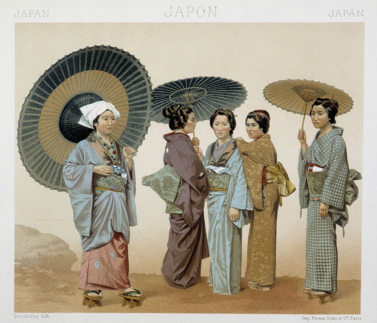 Japon kadınlarının geleneksel kıyafetleri. Racinet tarafından "" Le kostüm tarihi" "de illüstrasyon by Albert Charles August Racinet