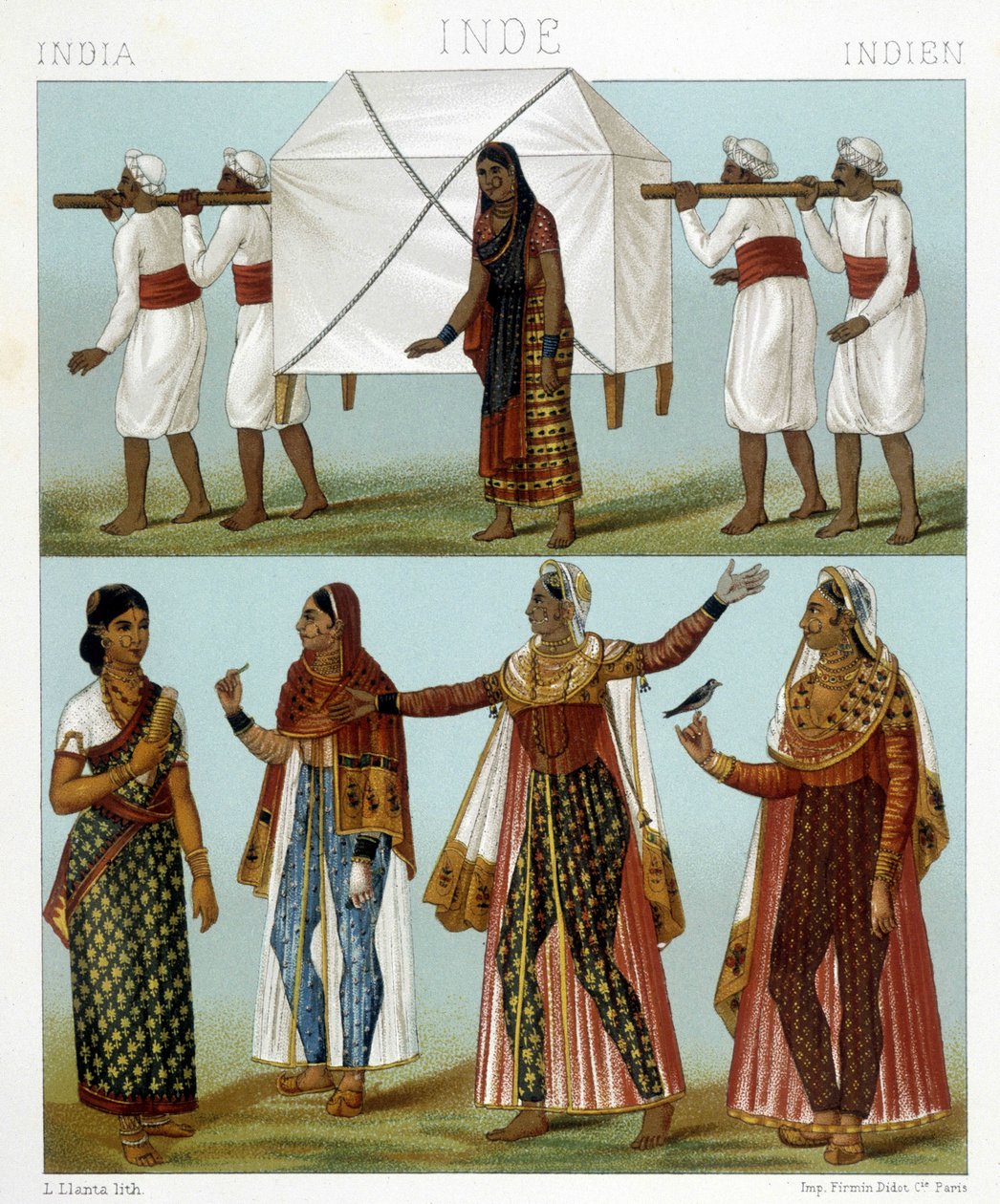 Ulaşım ve geleneksel kadınsı kostümler. Racinet tarafından "" Le kostüm tarihi" "de illüstrasyon by Albert Charles August Racinet