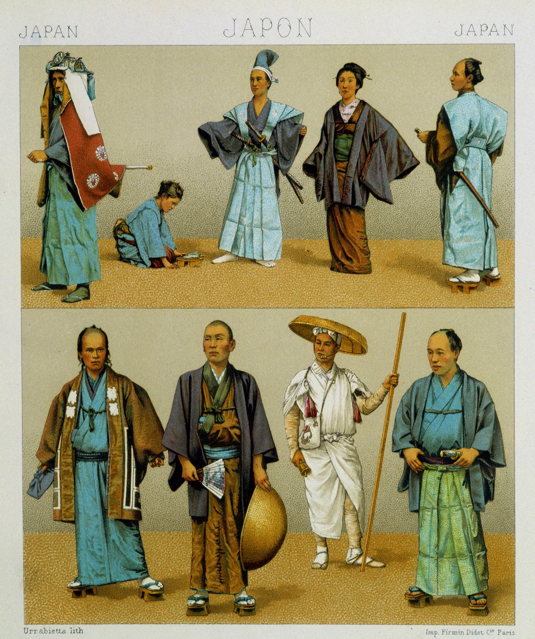 Kimono dahil çeşitli geleneksel Japon erkek kostümleri. Kromolitografik plaka - Racinet tarafından “” Le kostüm tarihi”nde by Albert Charles August Racinet