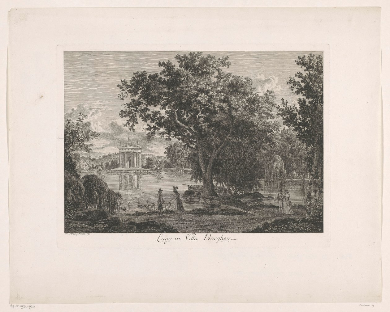 Villa Borghese'deki Villa Borghese Lago'daki göl manzarası (nesne üzerindeki başlık) Malerisch radirte Prospekte aus Italien (dizi başlığı) by Albert Christoph Dies