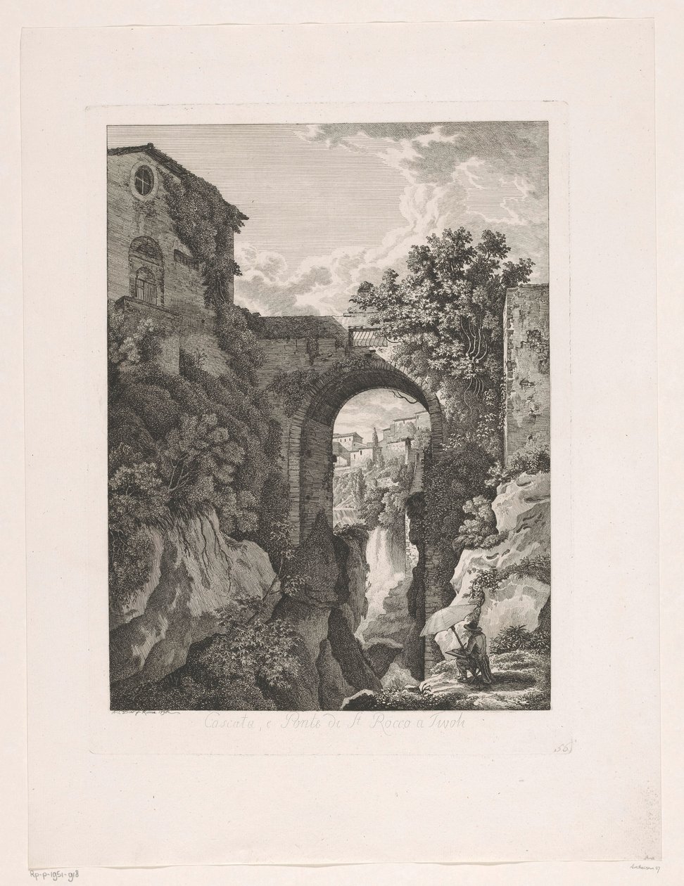 Tivoli Cascata'daki San Rocco köprüsündeki şelale, e Ponte di St. Rocco a Tivoli (nesne üzerine başlık) İtalya'dan pitoresk yayılan umutlar (seri başlığı) by Albert Christoph Dies