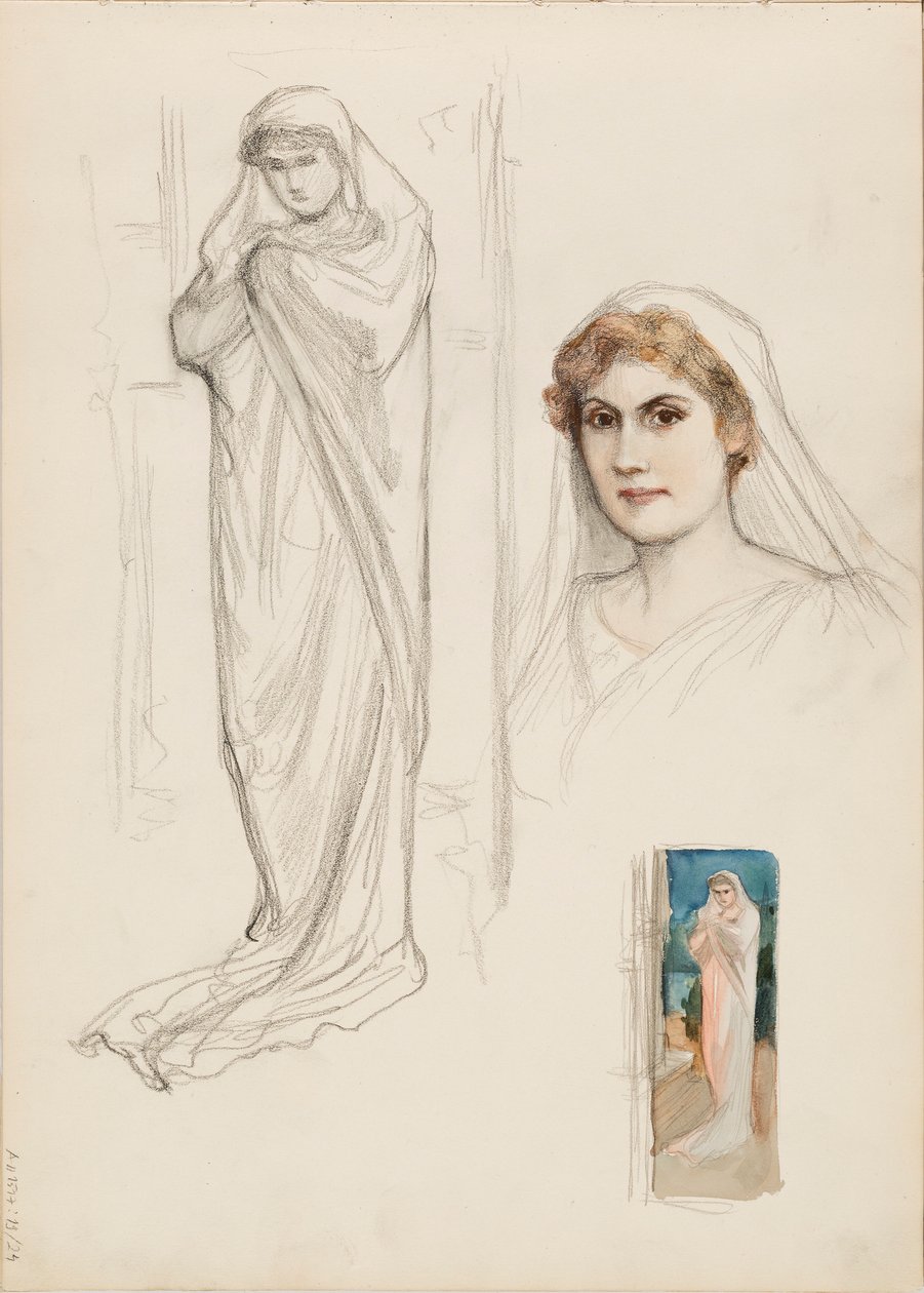 Alcestis rolünde Aino Ackté, yüz eskizi ve iki tam vücut eskizi by Albert Edelfelt