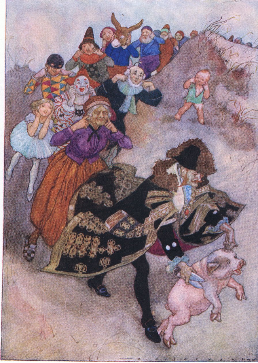 Önlerinde, Humphrey Milford Oxford University Press'in The Water Babies pub'ından bir domuzu yöneten bir beyefendi koştu, yaklaşık 1930 (renkli lito) by Albert Edward Jackson