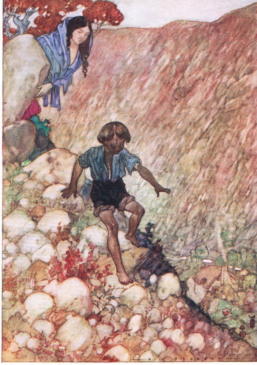Humphrey Milford Oxford University Press'in The Water Babies pub'ından, olduğu gibi, cesur küçük adam gibi aşağı indi, yaklaşık 1930 (renkli lito) by Albert Edward Jackson