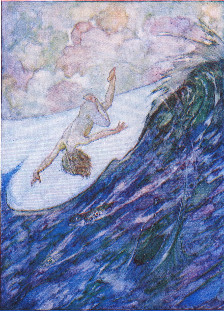 The Water Babies pub'dan, sudan bir yarda yükseklikte ve tepetaklak üç gemi verdi. Humphrey Milford Oxford University Press, yaklaşık 1930 (renkli lito) by Albert Edward Jackson