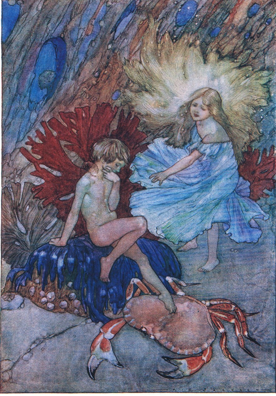 The Water Babies pub.by Humphrey Milford Oxford University Press'ten "Hayır, o zavallı yengeci Tom hakkında dürtme", c.1930 (renkli lito) by Albert Edward Jackson