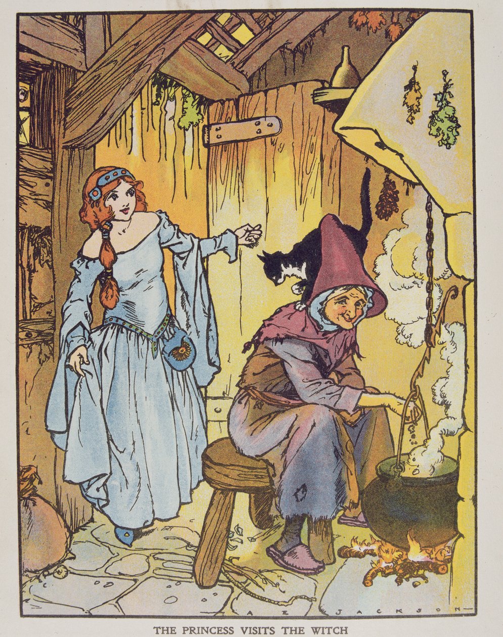 "Blackie's Children's Annual", Ondokuzuncu Yıl Kitabı'ndan Prenses Cadıyı Ziyaret Ediyor (kitap çizimi) by Albert Edward Jackson