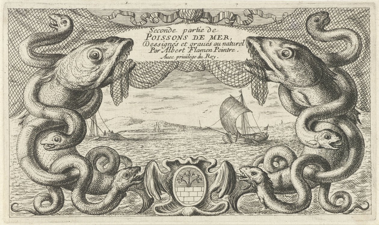 Deniz canlıları ve bir balık ağı sınırında deniz manzarası Balık ve diğer deniz canlıları - tuzlu su ikinci serisi (dizi başlığı) Poissons de mer (nesne üzerinde seri başlığı) by Albert Flamen