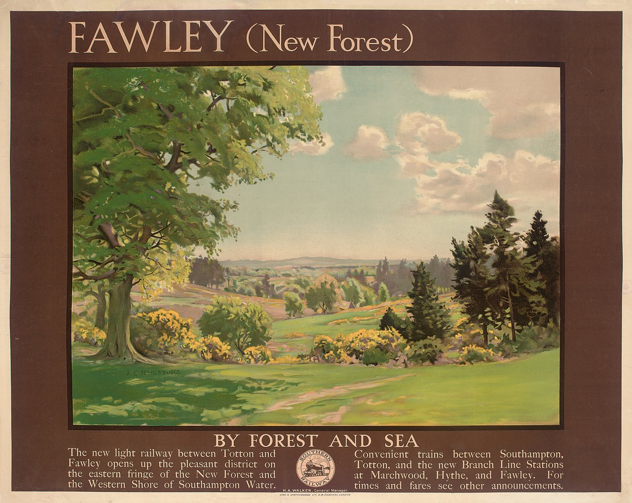 Fawley (Yeni Orman), Güney Demiryolu (renkli taş) reklam afişi by Albert George Petherbridge