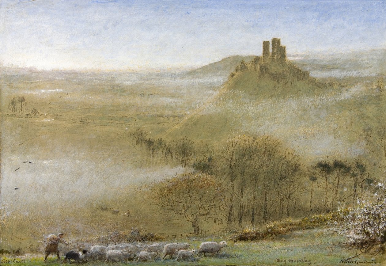 Corfe Castle, Mayıs Sabahı, c.1860-c.1932 (kalem, suluboya, gövde rengi, kağıt üzerine kalem ve mürekkep) by Albert Goodwin