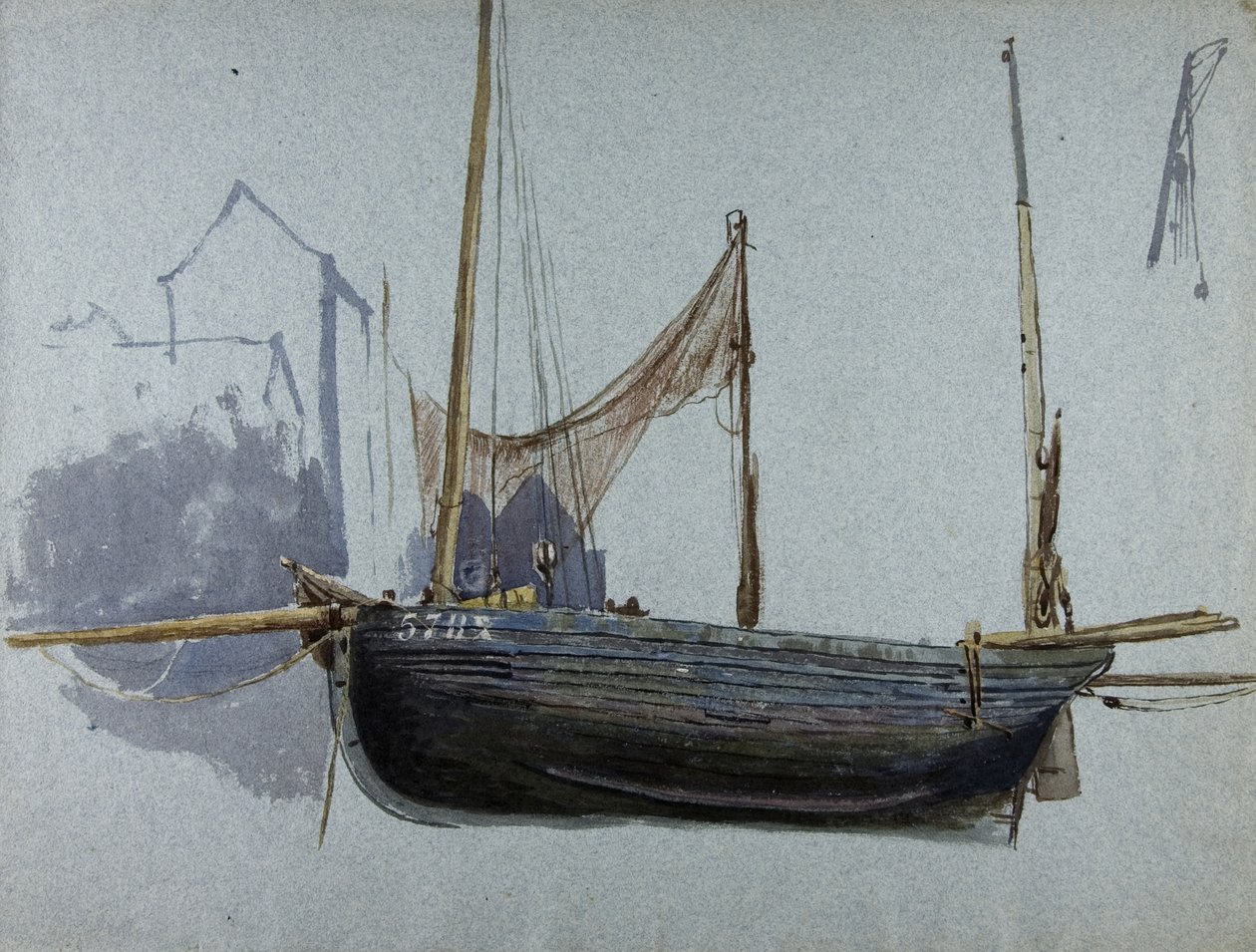 Fishing Boat 57BX (renkli kağıt üzerine sulu boya ve gövde rengi) by Albert Goodwin