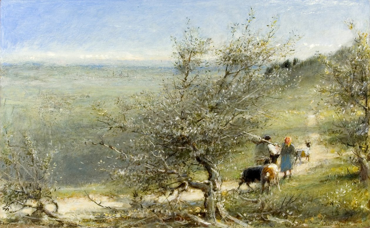 Fresole yakınlarındaki Tepelerden Floransa, c.1860-c.1932 (gemide yağ, kalem ve mürekkep) by Albert Goodwin