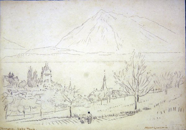 Thun Gölü, Oberhofen (kağıt üzerinde mürekkep ve kurşun kalem) by Albert Goodwin