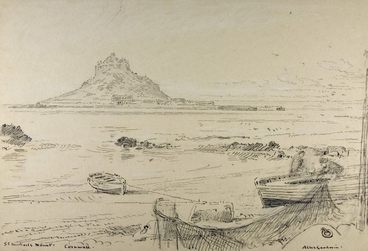St. Michael Dağı, Cornwall, c.1870-80 (gemide kurşun kalem, mürekkep ve pastel boya) by Albert Goodwin