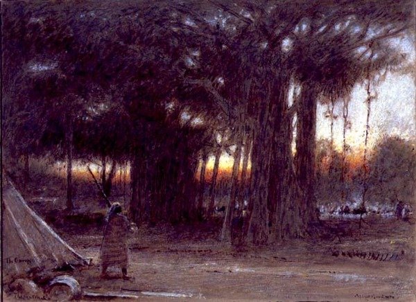 Banyan Ağaçları ve Sentinel (kalem ve mürekkep, sulu boya ve guaj) by Albert Goodwin
