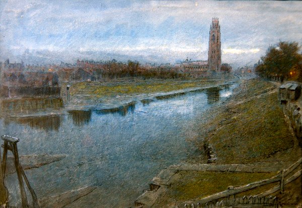 Boston, Lincolnshire manzarası (kalem, tükenmez kalem ve mürekkep ve kağıt üzerine sulu boya) by Albert Goodwin