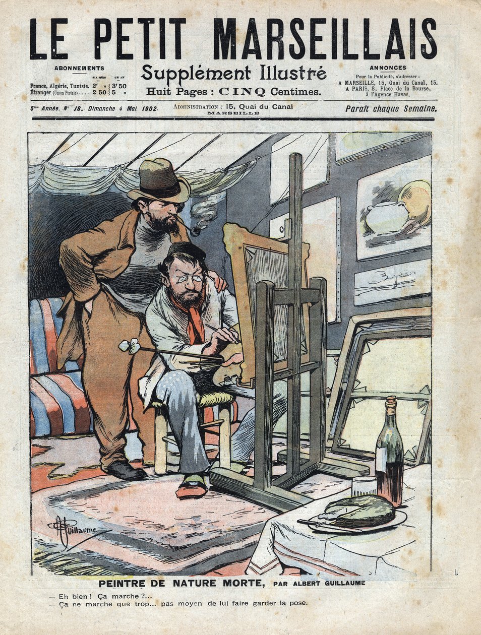 Tavan arası resminde bir ressam natürmort, şarap şişesi ve maket olarak kullanılan pasta yerinde durmuyor. Albert Guillaume (1873-1942) tarafından “” Le petit Marseillais”den çizim 04/05/1902 by Albert Guillaume