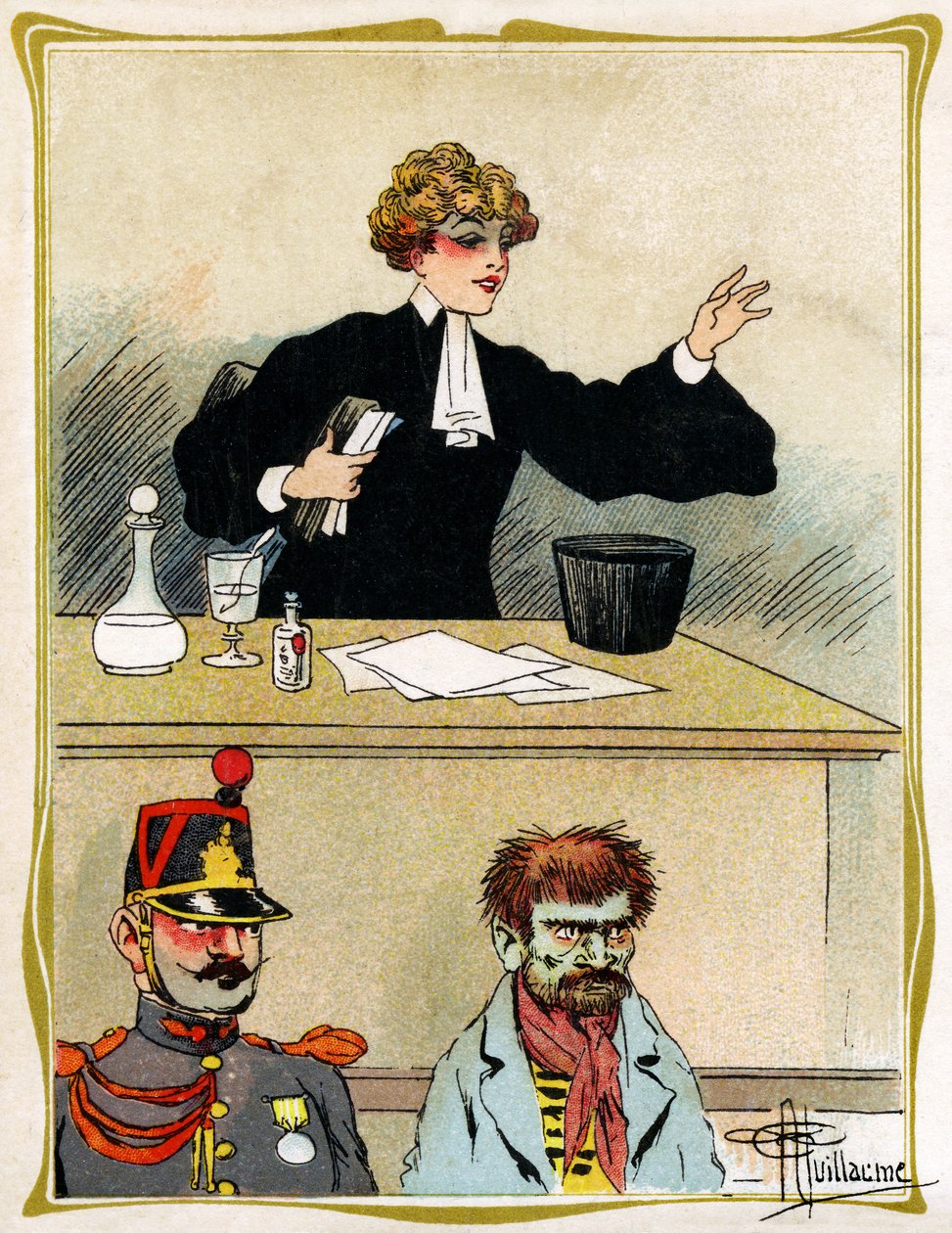 Güzel yüzlü bir kadın avukat, müvekkilini savunur ve savunur sabırlı görünüyor. Reklam, gravür 1902-1903 by Albert Guillaume
