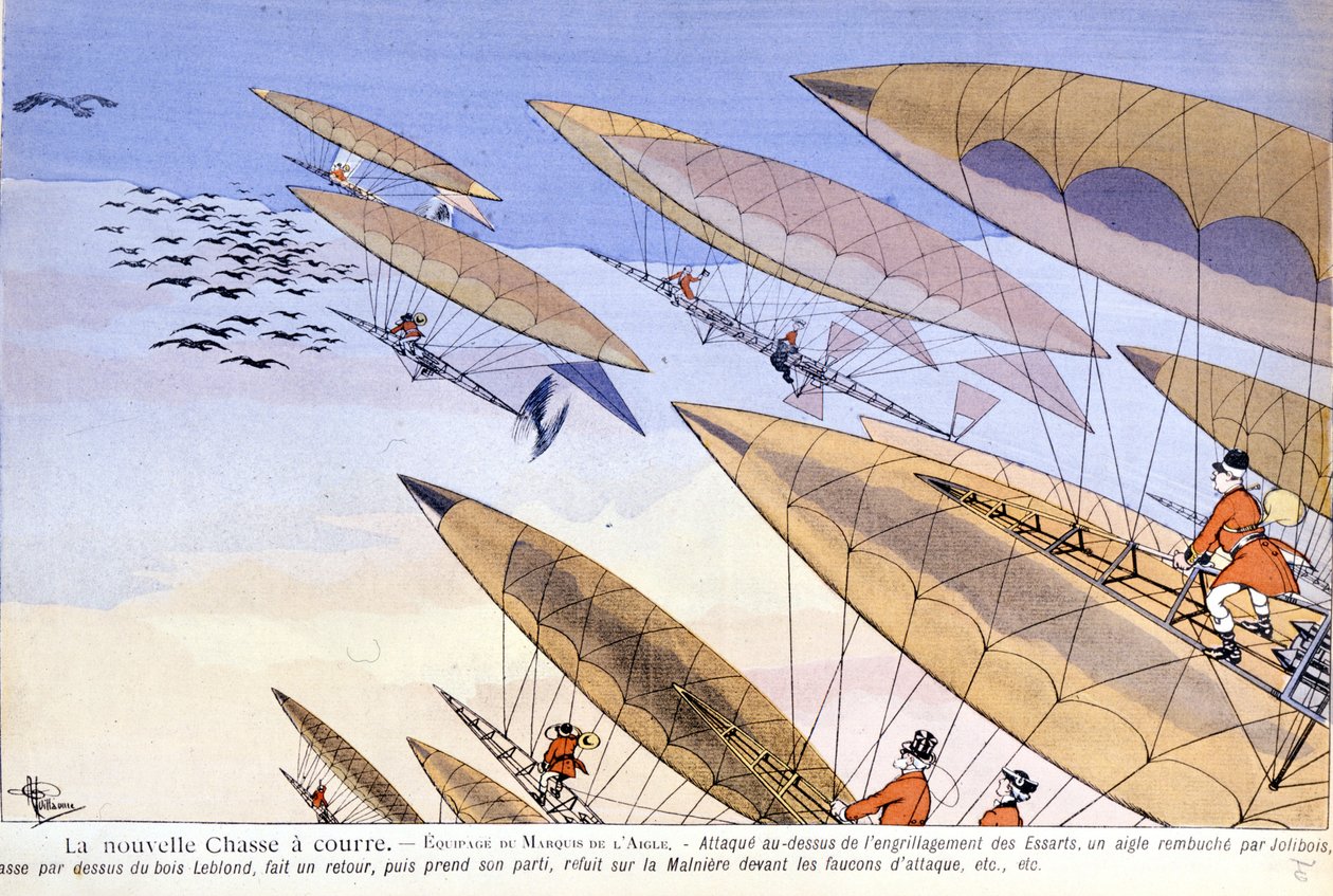 Albert Guillaume (1873-1942) tarafından 1901'de "L'Assiette au beurre"de karikatür: saldırı şahinleriyle aerostat avı. by Albert Guillaume