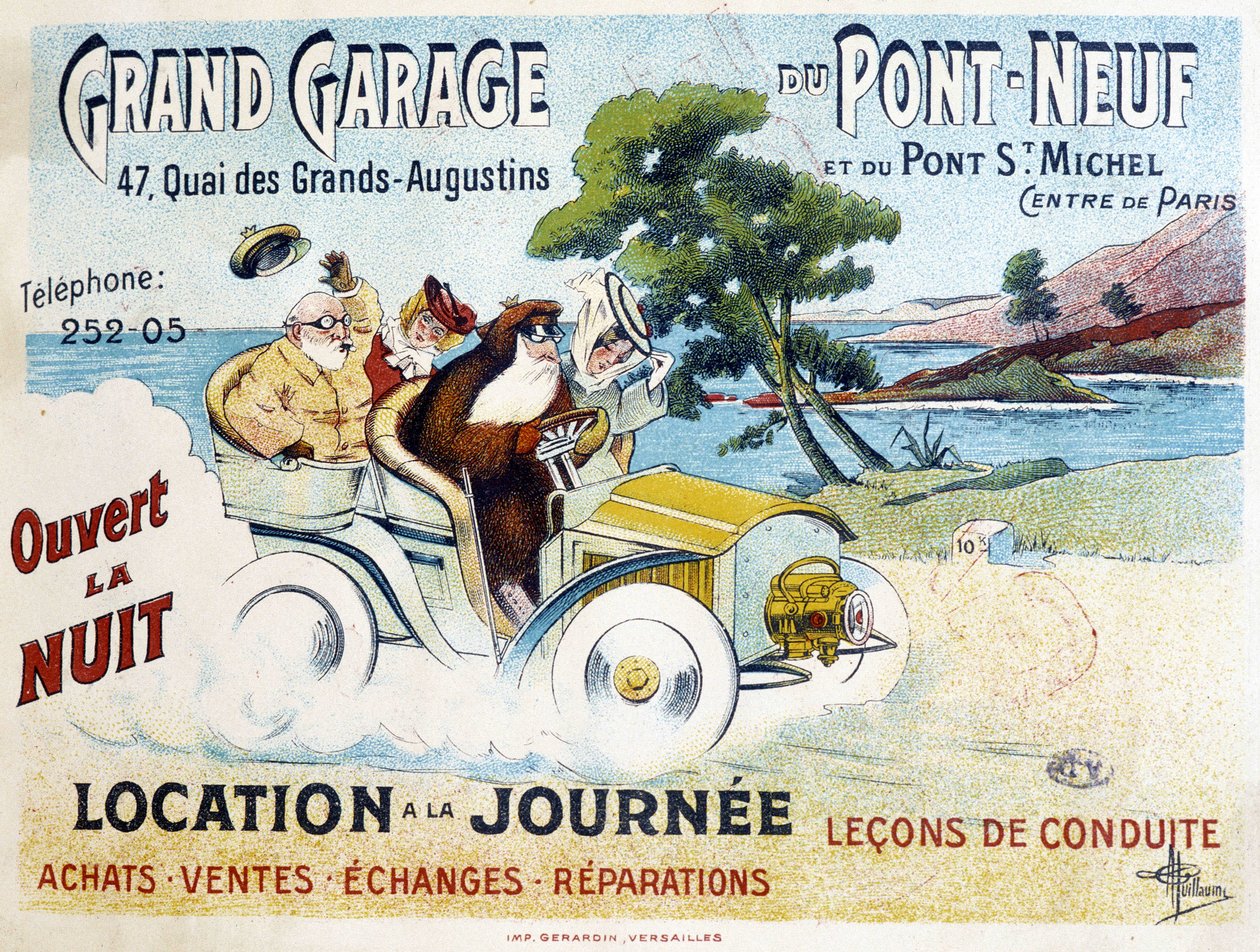 Grand Garage du Pont-Neuf: kiralama, sürüş dersleri, satın alma, satış, onarım - Albert Guillaume (1873-1942), yaklaşık 1900 by Albert Guillaume
