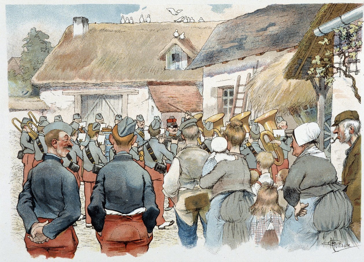 Albert Guillaume (1873-1942), 1900 dolaylarında “Askeri Albüm”de bir köyde askeri bando by Albert Guillaume