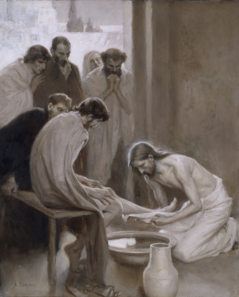 Havarilerinin Ayaklarını Yıkanan İsa, 1898 (kağıt üzerinde petrol ve grisaille) by Albert Gustaf Aristides Edelfelt