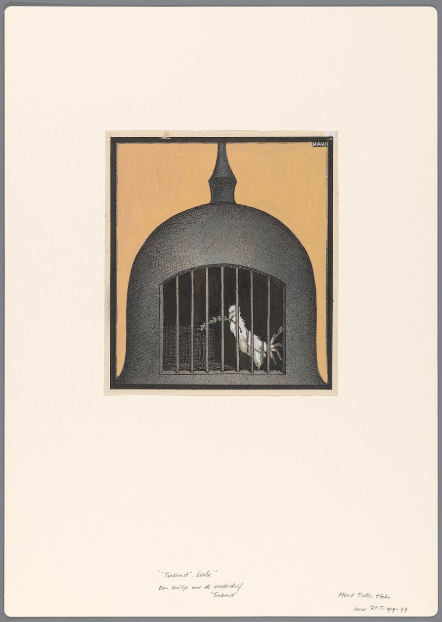 Kafesli bir barış güvercini ile siyasi bir karikatür için tasarım: Gelecek by Albert Hahn (I)