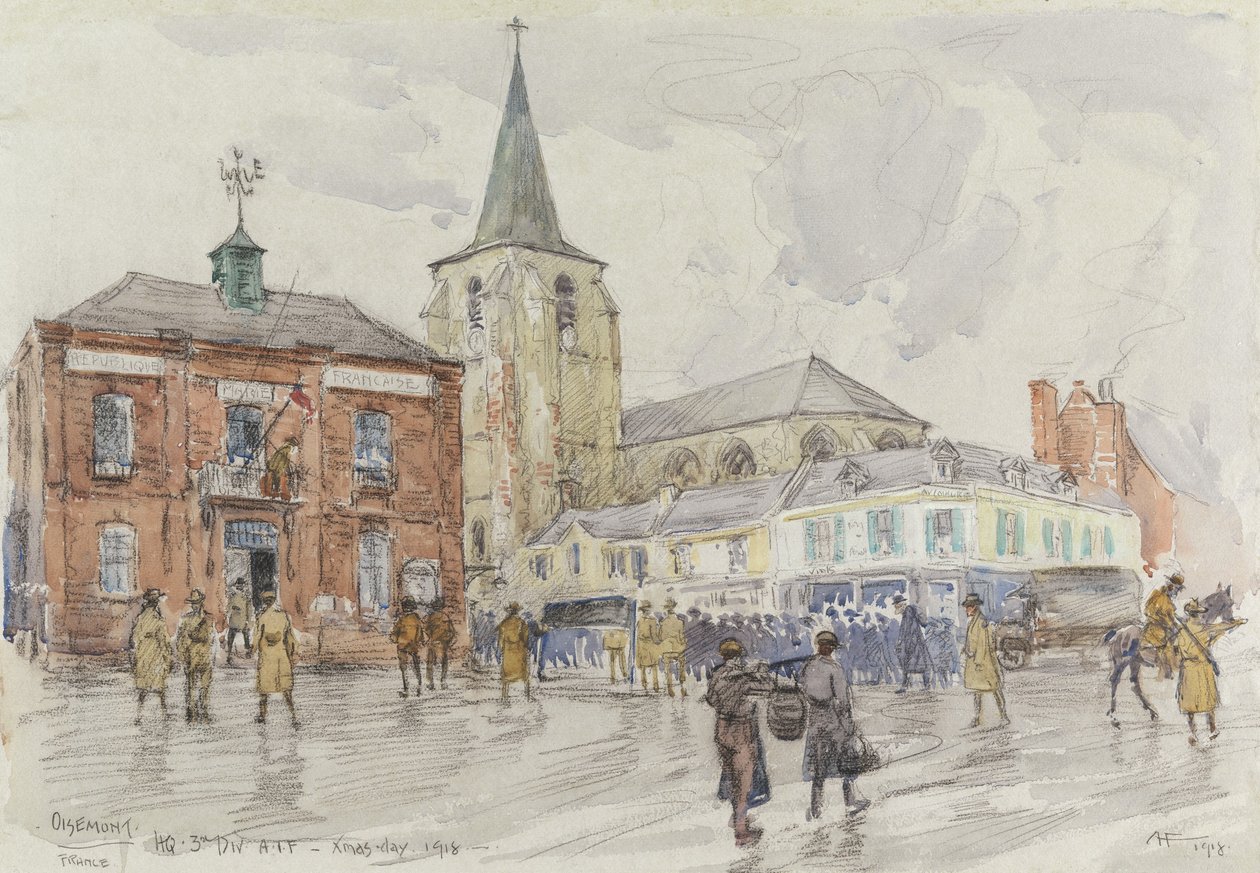 Oisemont, 3. Tümen Karargahı, 1918 (kağıt üzerinde kömürlü wc ve guaj) by Albert Henry Fullwood