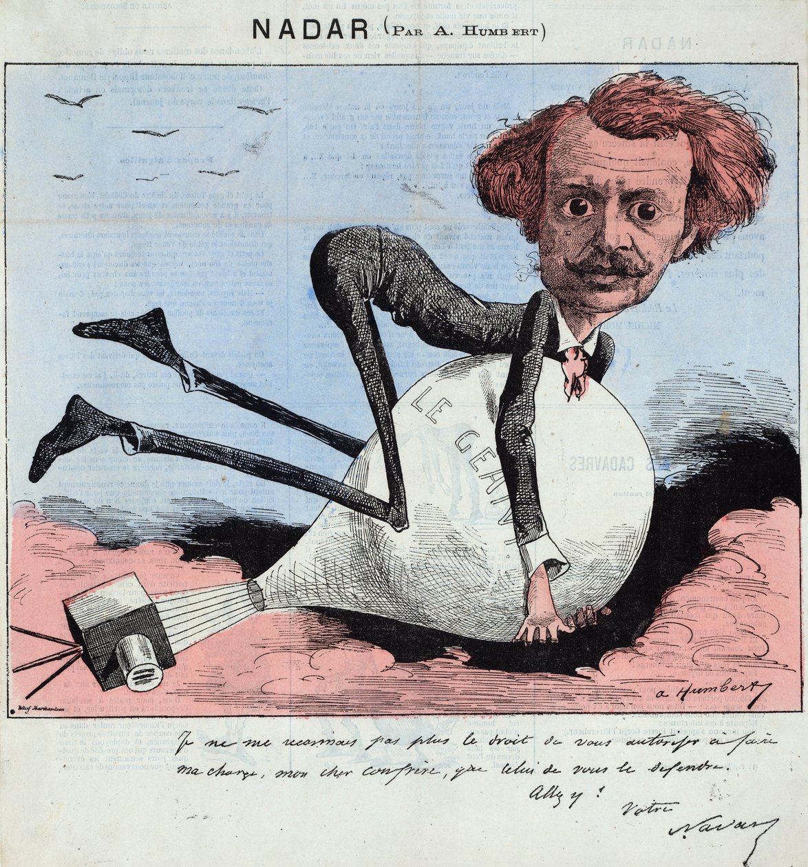 Nadar ve sıcak balonunu tasvir eden karikatür, 1863 dolayları (litografi) by Albert Humbert