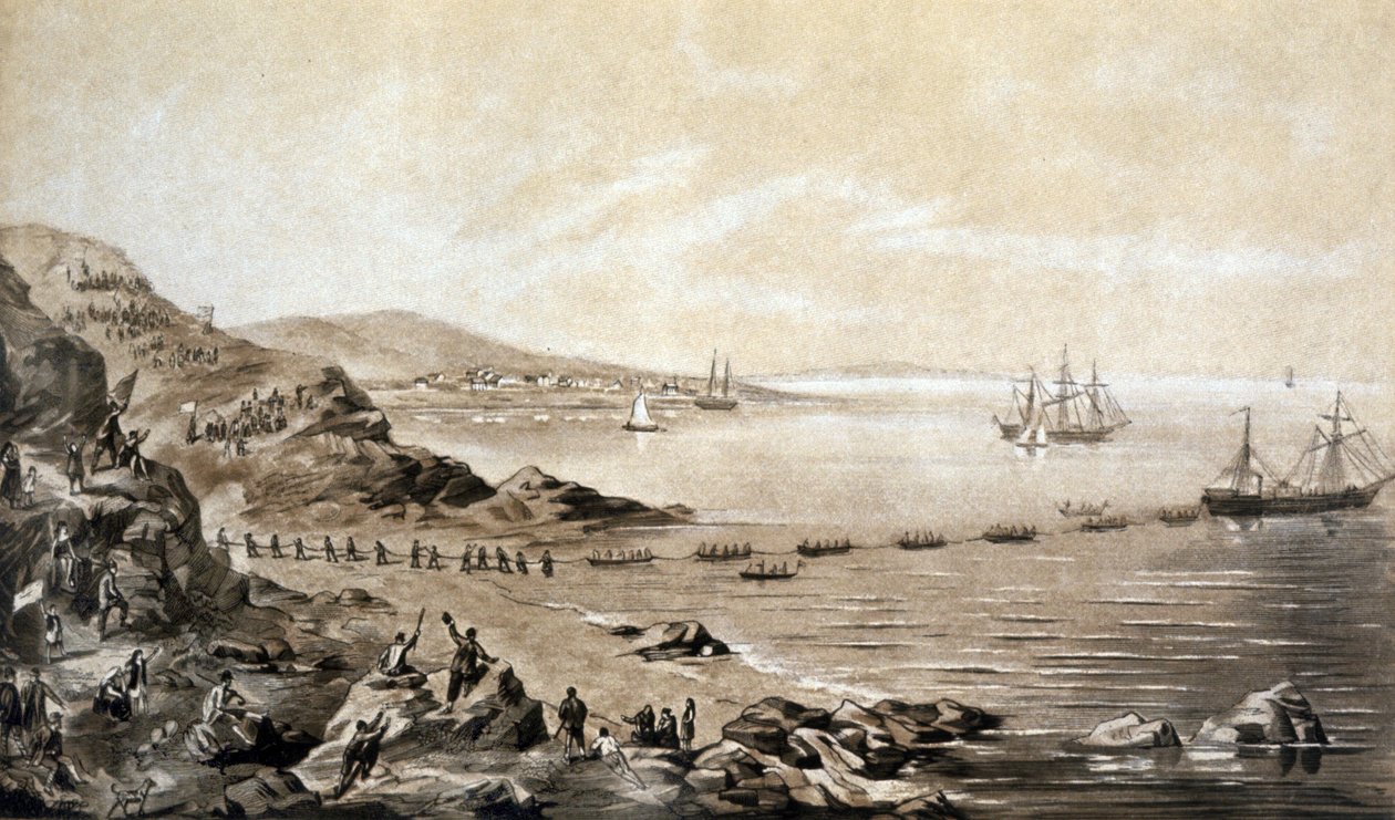 İrlanda ve Kanada arasındaki ilk transatlantik telgraf kablosunun montajı (1857) Albert Kruger tarafından gravür c.1870 by Albert Kruger