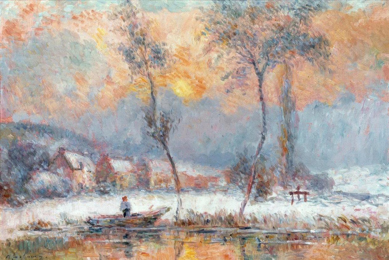 Chalou-Moulin göletinde karların arasından gün doğumu by Albert Lebourg