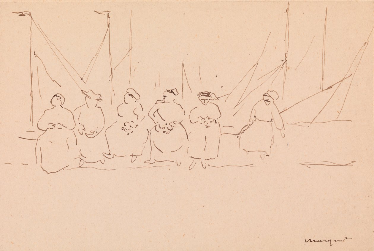 İskelede Altı Kadın (kağıt üzerine kalem ve mürekkep) by Albert Marquet