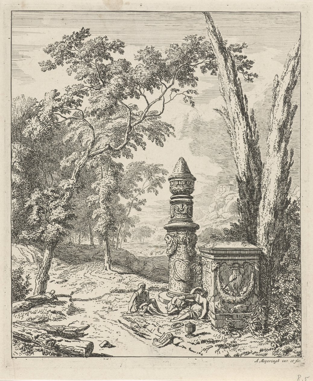 Bir cenaze anıtında dinlenen figürlerle manzara Manzaralar (dizi başlığı) by Albert Meyering