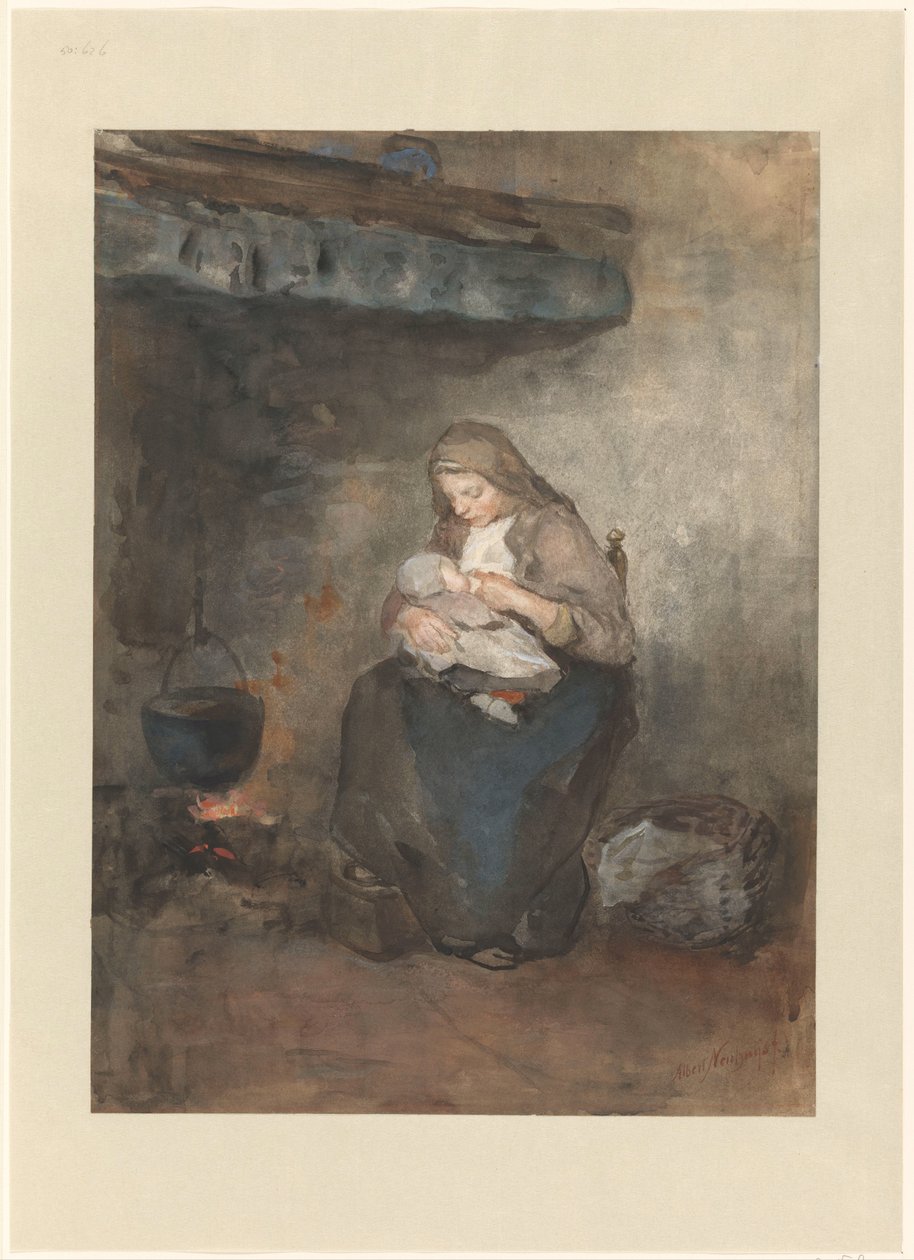 Şöminenin yanında çocuğunu emen anne by Albert  Neuhuys