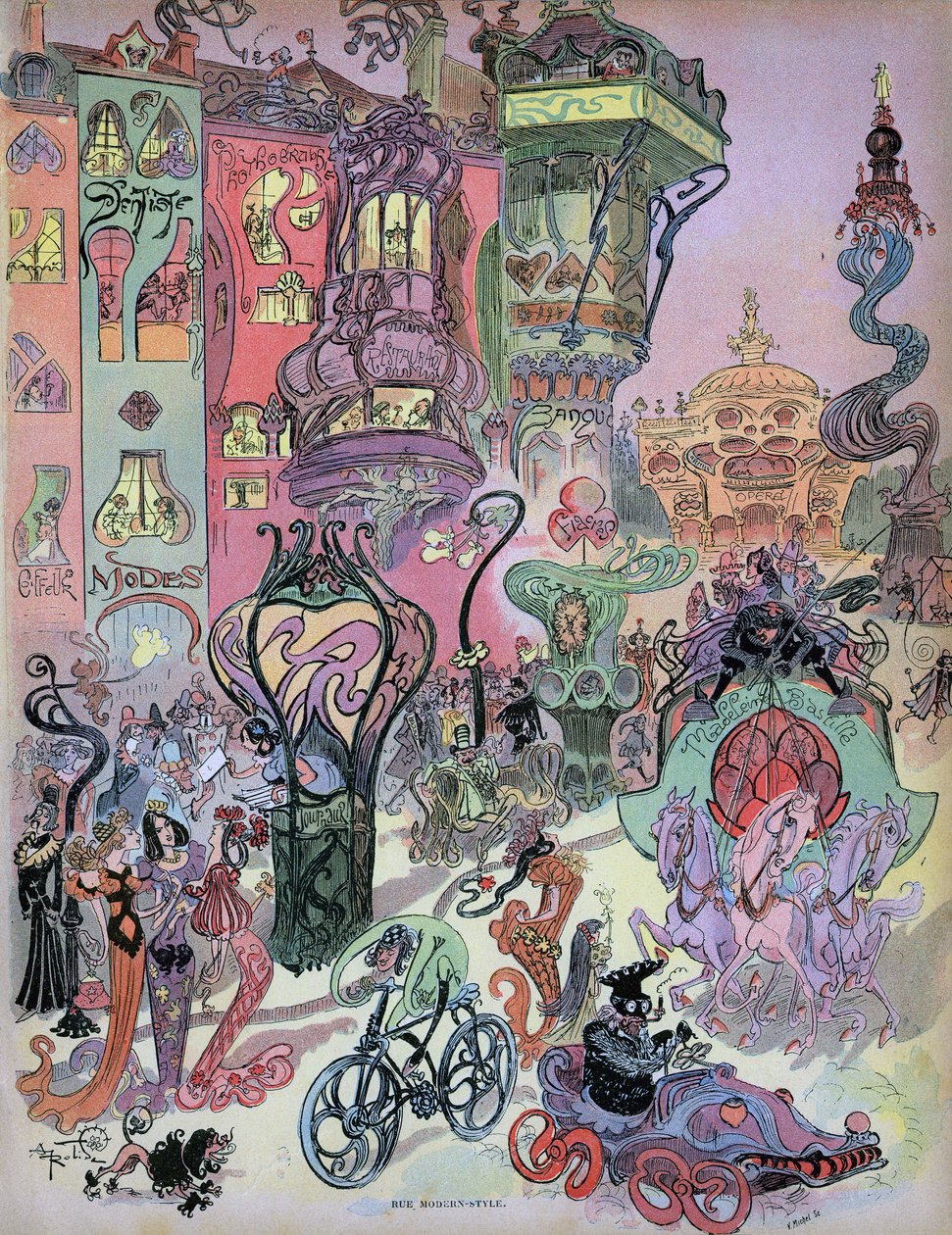 Tasarımcı Albert Robida#39;dan Paris#39;in modern tarzının ön görünümü. Bu güzel çizimde Robida#39;nın 1960-1980 yıllarındaki grupların yaratıcıları üzerindeki etkisini görüyoruz; özellikle Fred (Othon Aristides, quot;quot;Aventures of Philemonquot;quot;)  by Albert Robida