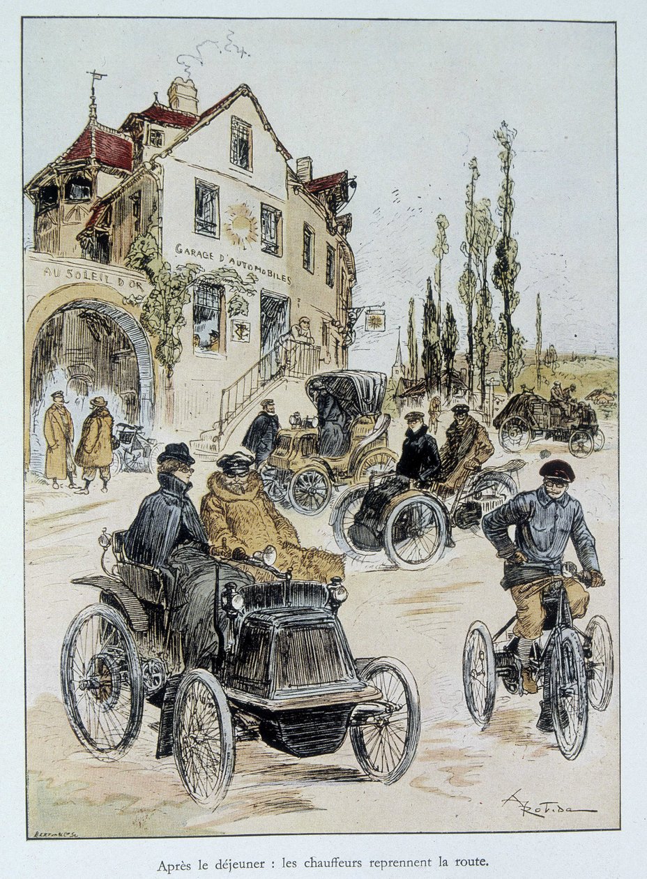 Kahvaltıdan sonra sürücüler yola dönüyor: Robida ile motorlu taşımacılığın başlangıcı by Albert Robida