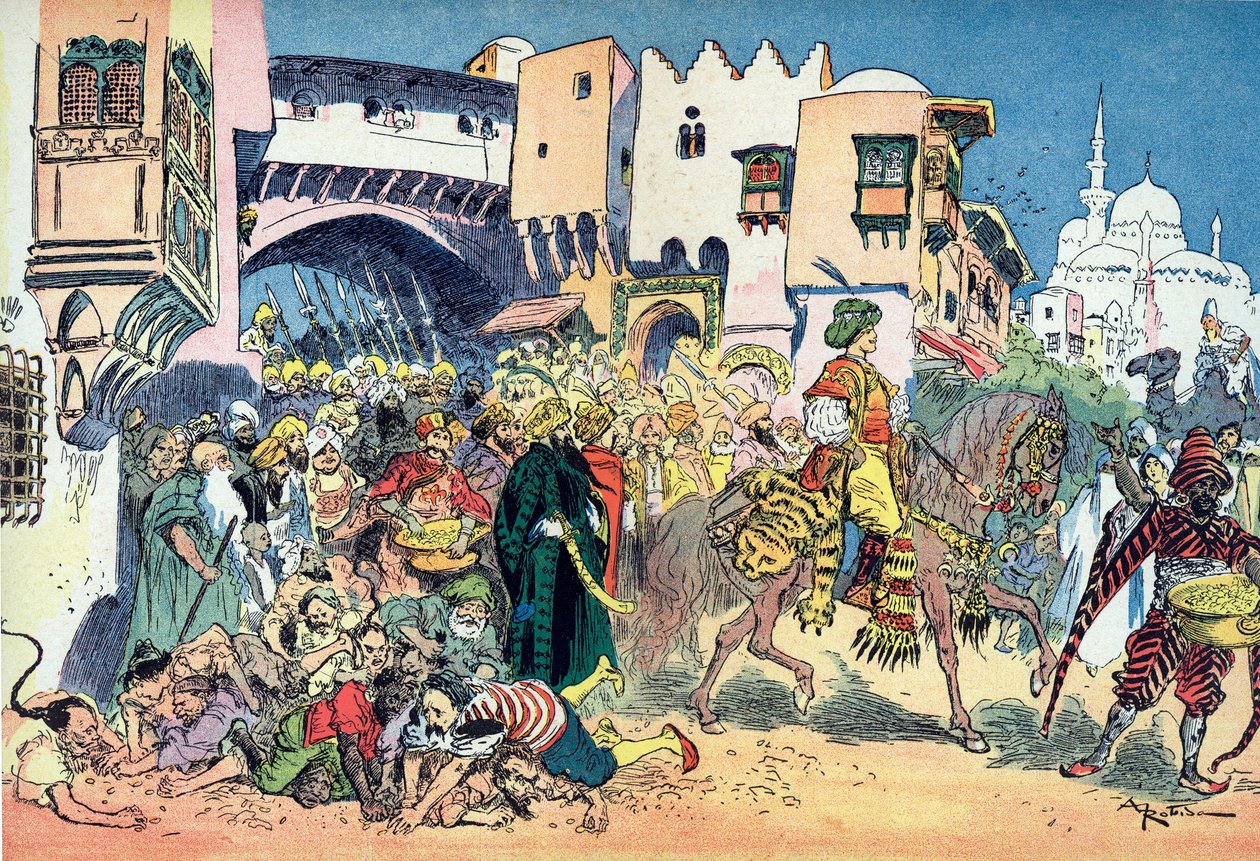 Aladdin şehrin sokaklarında at sürüyor ve etrafına para saçıyor Albert Robida'nın (1848-1926) "" les mille et une nuits"teki "Aladin ve harika lamba" masalı için çizimi ("" Aladdin" masalı için örnek) ” “Bir Tho  by Albert Robida