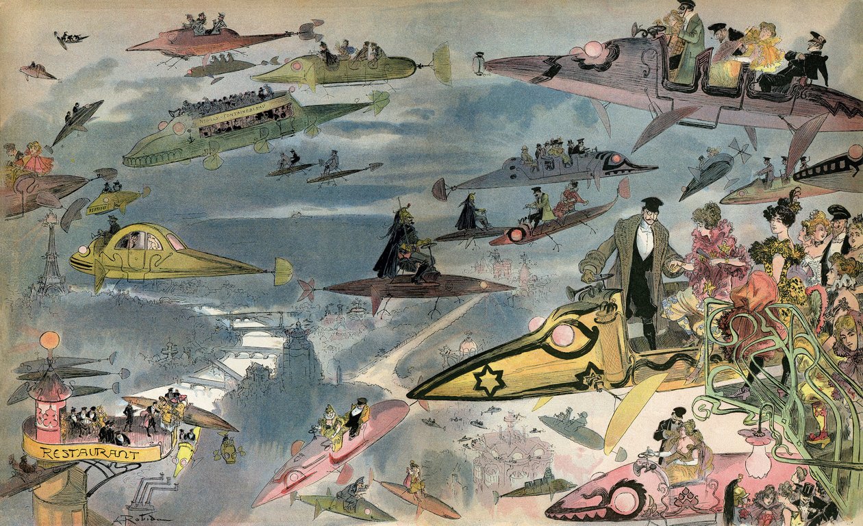 Beklenti: 2000#39;de Paris Operası#39;nın gösterime girmesi, tasarımcı Albert Robida#39;nın 1900#39;de görmesi. Parisliler her türlü hava aracıyla dolaşıyor. by Albert Robida