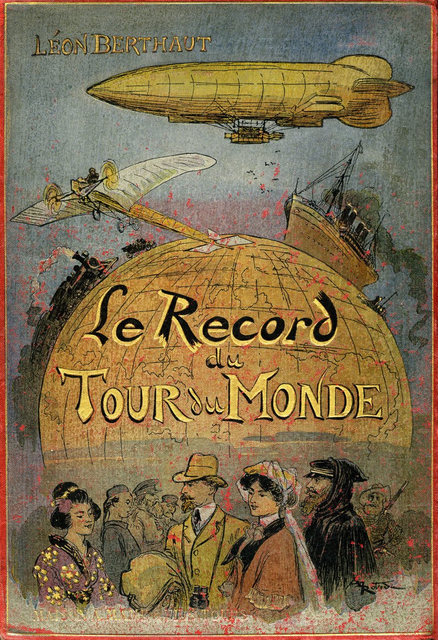 Leon Berthault#39;un quot;Le Record du Tour du Mondequot; adlı kitabının Albert Robida (1848-1926) tarafından resimlenen kapağı, Mame#39;in ilk 20eme yüzyıl baskısı (1911) - Bu, Jules Verne ve onun çalışmalarından güçlü bir şekilde ilham alan bir quot;jule by Albert Robida